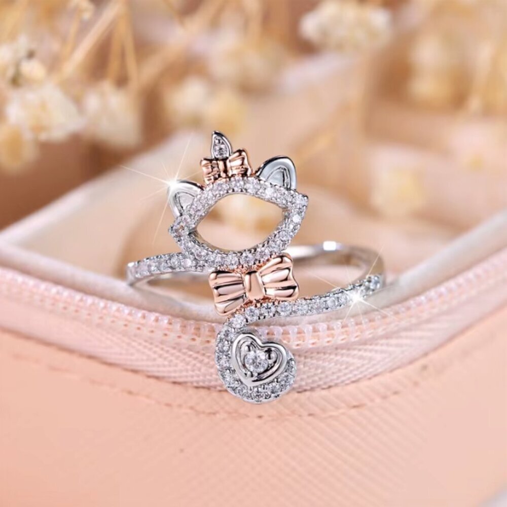 NEW 14k White Gold Cat Diamond Ring White & Pink Cat Ring Band